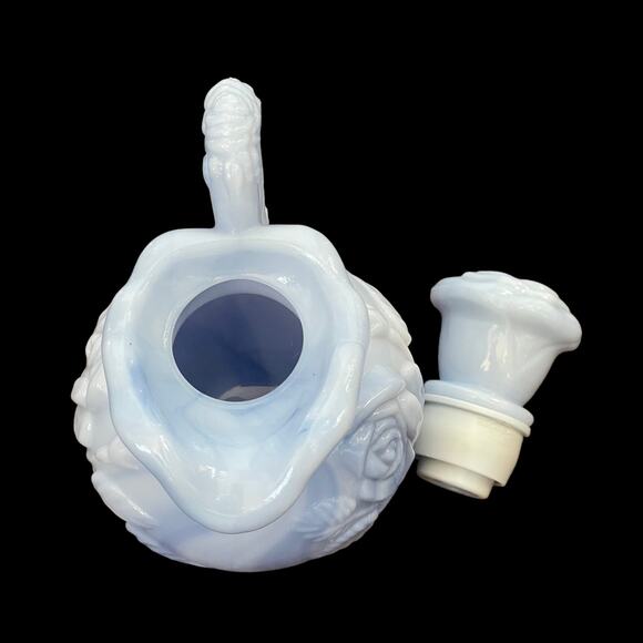 Vintage Avon Blue Milk Glass Pitcher w/ Stopper 1978 Victorian Rose Floral - Picture 4 of 11